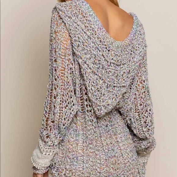 POL CLOTHING cover up hoodie thin sweater rainbow grey crochet pocket rainbow - Picture 8 of 9